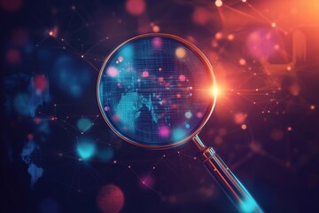 Poster - Magnifying glass revealing digital world map, vibrant colors, abstract network connections, glowing particles