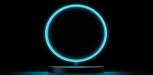 Poster - An illustration of a futuristic glow-in-the-dark stage that features circuit lines and hexagonal geometry, along with a hi-tech pedestal for displaying games and products.