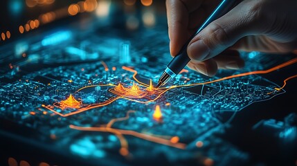 A person drawing on a digital map with a marker pen