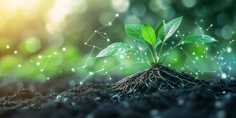 Poster - Sprout of Innovation:  A vibrant green plant seedling emerges from rich soil, its roots grounding it while interconnected lines of light symbolize growth, innovation.