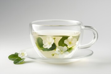 Wall Mural - Jasmine tea with flowers and leaves in glass cup, delicate presentation, soothing beverage, elegant design