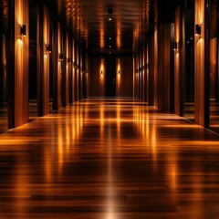 Poster - An elegant hallway featuring polished wooden floors, illuminated by soft lighting, creating a warm and inviting ambiance.