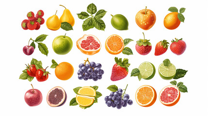  Icon set fresh fruit illustration with vibrant colors and detailed textures, including apples, lemons, grapes, and berries, great for health, diet, and food-themed projects