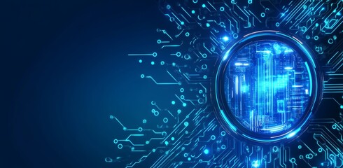 Poster - An advertising and game artwork concept of digital circuit elements with circle HUDs on a blue digital high technology background.