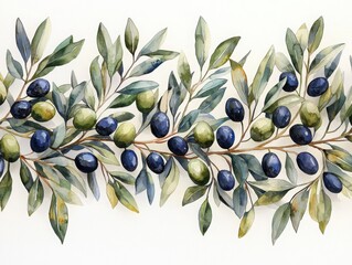 Poster - Create an exquisite watercolor artwork of olive branches featuring lush green leaves and plump olives