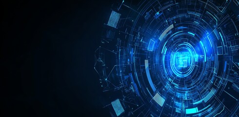 A futuristic blue digital screen with grid lines of high tech elements. Concepts of digital innovation and technology.