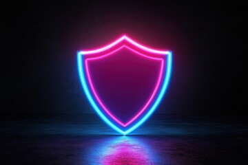 Poster - Neon shield design, glowing pink and blue outline, dark background, modern aesthetic, digital art, protection symbol