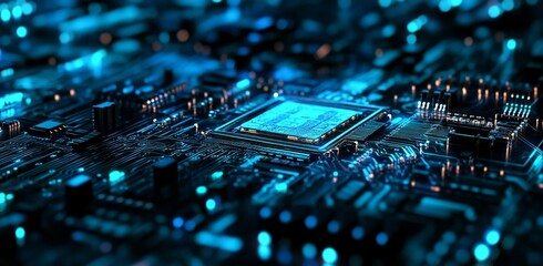 Poster - An abstract blue blue horizontal digital perspective with a futuristic digital technology concept with advertising showcase examples and game artworks.