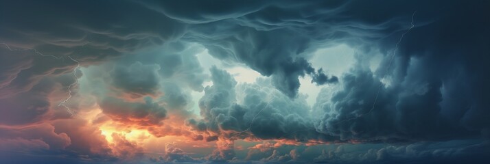 Wall Mural - dramatic huge clouds of thunderstorm on sky with sunset