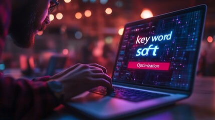 Man using a laptop with a digital screen technology background