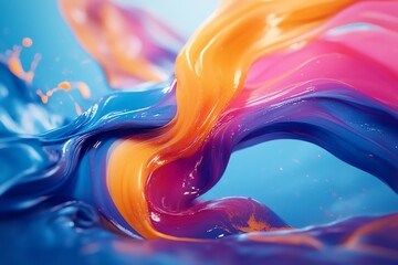 Poster - Abstract swirling streams of vibrant blue, orange, and pink paint against a blue background.