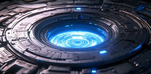 Poster - There are digital holograms surrounding the stage as well as high technology architect elements in this futuristic illustration intended for showcasing and backgrounds.