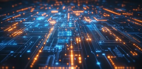Poster - A futuristic horizontal display layout with grid lines of circuit decor, depicting future inventions and technologies. Imagery for a modern showcase.