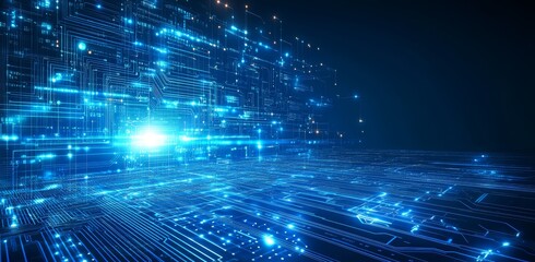 Poster - An illustration of a futuristic digital space with a hi-tech grid line and circuit network for digital advertising and gaming.