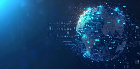 Poster - It illustrates a futuristic world map or globe with circuit lines connecting the dots, a concept for digital communication and technology.