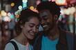 © Markus Schröder - Portrait of a blissful mixed race couple in their 20s wearing a simple cotton shirt while standing against bustling city street at night