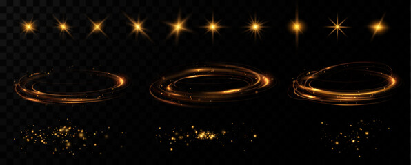 Poster - Gold stars, glow effect, glowing lights, circles, dust, sun.Vector.