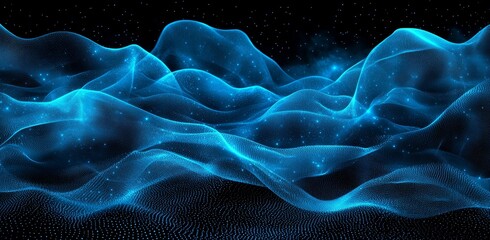 Poster - Wireframe waves on a digital technology background.