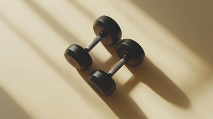 Aufkleber - Two black dumbbells are placed on a beige surface, casting long shadows from a window, creating a minimalist fitness scene