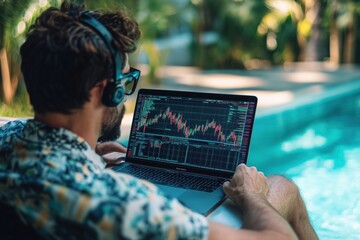 Poster - Trading analysis by poolside, man using laptop, headphones, tropical setting, financial charts displayed