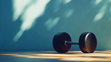 Aufkleber - Sleek black dumbbell on rustic wooden floor with dramatic lighting, exuding fitness and wellness for workout motivation
