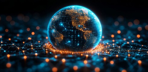 A futuristic technology artwork featuring hologram earths, dots, and waves on neon blue backgrounds. Concepts for digital innovation.