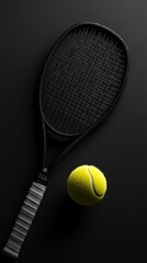 Aufkleber - Tennis racket and ball lying on a dark gray background creating a stylish and minimalist composition, ideal for representing the sport of tennis