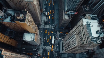 Poster - Aerial view of a busy city intersection with tall buildings and traffic.