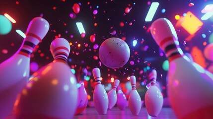 Poster - A bowling ball hangs in the air above a lane full of pins, glowing with neon light.
