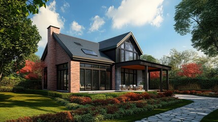 Poster - Modern, brick home with large windows, a covered porch, and a stone path leading to the front door.