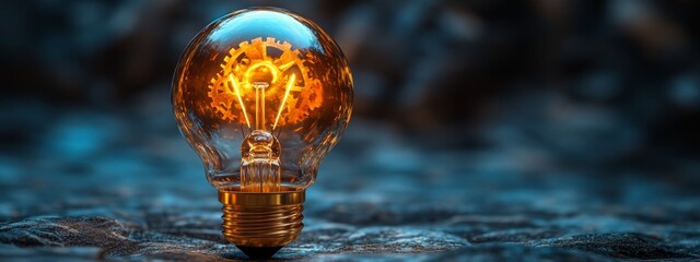 This 3D rendering represents a gear lightbulb on a wide blue background as an idea, innovation, and technology concept.