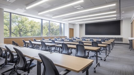 Poster - A classroom with rows of tables and chairs, ready for a lecture or meeting. The large screen at the front suggests presentations or multimedia learning.