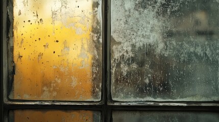 Poster - A close-up shot of a dirty window pane with the golden light of sunset shining through.