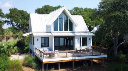 Poster - A white modern cottage with a large deck sits on stilts overlooking a waterway.