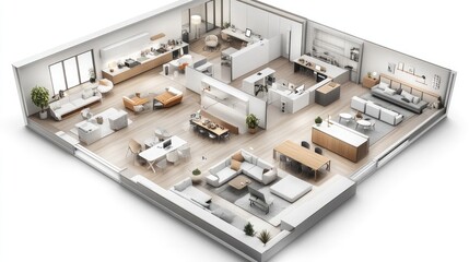 Poster - An overhead view of a modern apartment with various furniture and appliances arranged in different rooms.