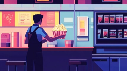 Poster - A young man in a blue shirt and overalls holds a large bucket of popcorn in a concession stand.
