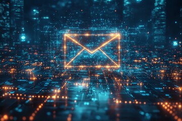Poster - The 3D rendering depicts a digital communication icon in blue tones with circuit lines on a white background. This is the concept of electronic mail in this rendering.