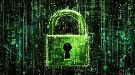 Fototapete - A glowing green padlock in a digital landscape, symbolizing secure online data.