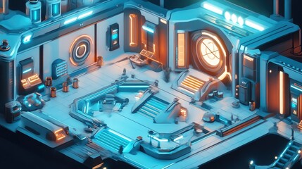 Poster - A futuristic interior with glowing blue and orange lights. The room has stairs, a large round window, and a futuristic design.