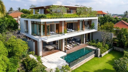 Poster - A modern, two-story house with a green roof, a swimming pool, and lush greenery surrounding it.