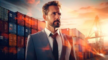 Wall Mural - Double exposure photography of engineer man and the business Logistics and transportation of Container Cargo ship and Cargo plane with working crane bridge