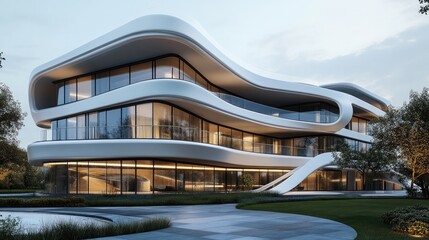 Poster - A sleek and modern building with a unique curved design, showcasing innovative architecture.