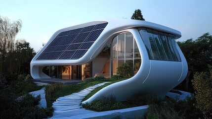 Poster - Futuristic home with a unique design and solar panels.