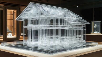 Poster - A delicate and intricate glass model of a house, showcasing a unique and modern architectural design.