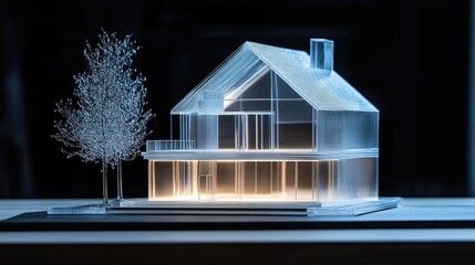 Poster - A glass model of a modern home with a tree on either side sits on a dark table, lit from within.