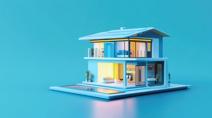 Poster - A 3D model of a modern, two-story home with a swimming pool, set against a bright blue background.