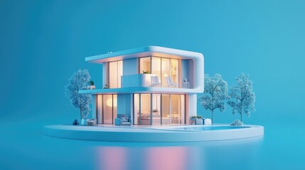 Poster - A modern, minimalist house with a pool, set against a blue backdrop. The house is lit from within, creating a warm and inviting atmosphere.
