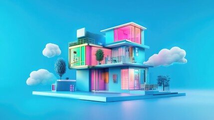 Poster - A colorful and modern house with a blue background and white clouds.