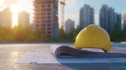 A yellow hard hat rests on blueprints at a construction site, with buildings and cranes visible in the background during sunset.