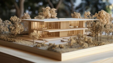 Poster - A detailed wooden model of a modern two-story home, with surrounding trees, sits on a wooden platform.